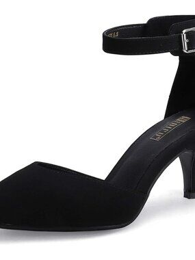 Women's Black Nu-buck Pumps Low Kitten Heels Pointed Closed Toe Shoes Strap
